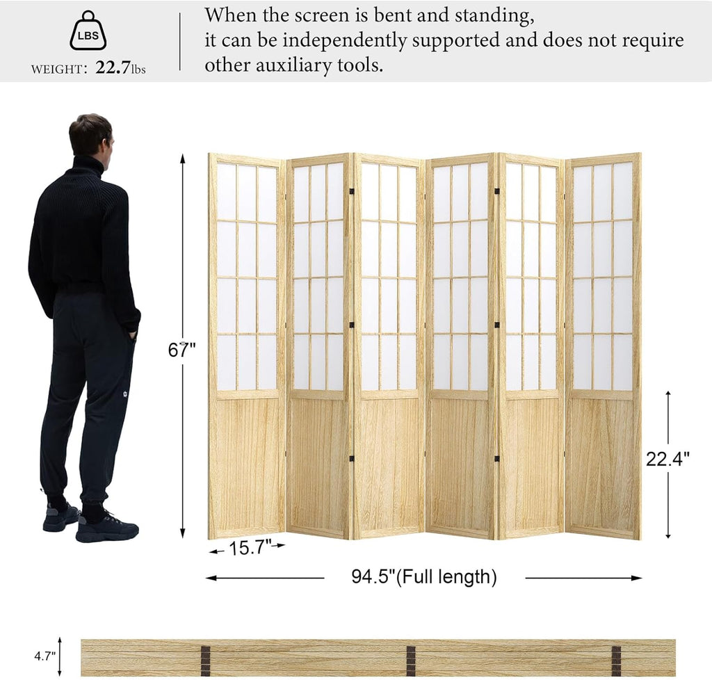 Room Divider, 66.9Inch Tall Japanese Shoji Style Folding Wood Screen with Double Hinges for Home Office Bedroom Hotel Decoration (6Panels, Natural)
