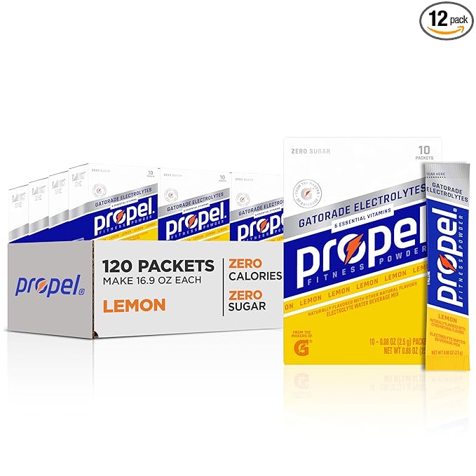 Propel Electrolyte Enhanced Water Drink Mix Powder Packets, Lemon, Zero Calorie & Zero Sugar Hydration with Electrolytes and Vitamins C & E (120 Packets)