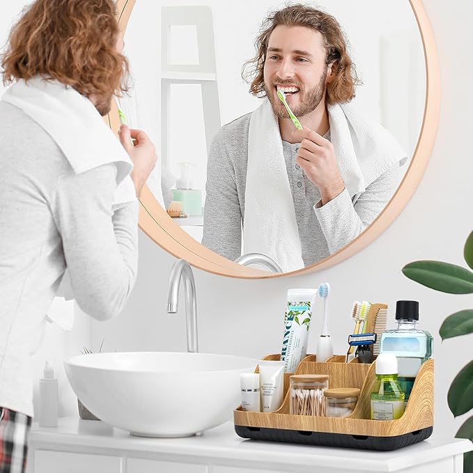 Bathroom Organizers and Storage - Detachable 7 Slots Kids Electric Toothbrush and Toothpaste Holde Drainage for Bathroom Accessories Organization Counter Vanity Storage, Wood