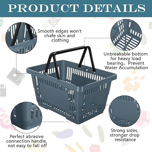 20 Pcs Bulk Shopping Baskets with Handles, 20 L Plastic Grocery Basket 16.9'' x 11.8'' x 9.1'' Portable Shopping Cart for Retail Stores Supermarket(Dark Gray)