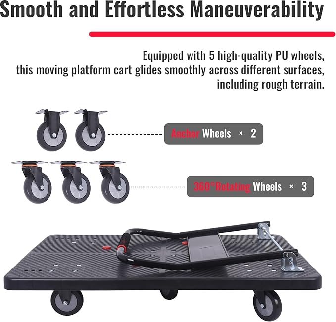 1320lbs Foldable Platform Truck Dolly with Swivel Wheels, Heavy Duty Moving Platform Hand Truck, Moving Flatbed Cart Push Cart Platform Dolly Cart for Groceries, Warehouse(43.31" x 25.51" Black)