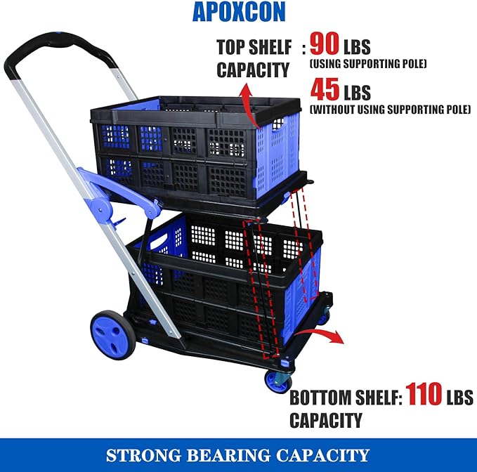 Shopping Cart with 2 Storage Crates, Multi Use Two Tier Collapsible Cart with 360° Rolling Swivel Wheels Heavy Duty Folding Trolley for Shopping, Picnic and Office