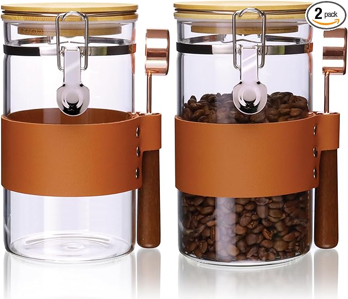 Glass Storage Jars with Spoon, Kitchen Food Storage jars with spoon, Glass Coffee Nuts Canister with Bamboo Lids, Scoop for Coffee Bean, Ground Coffe,Nuts, Cookie, Flour (40OZ×2)