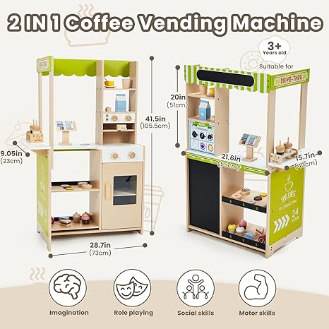 24 Pcs Pretend Play Coffee Shop, Kids Grocery Store Set, Wooden Drive-Thru Window, Coffee Maker, Oven, Cash Register, Bakery Toys Food Accessories Gift for Boys Girls 3+ Years Old