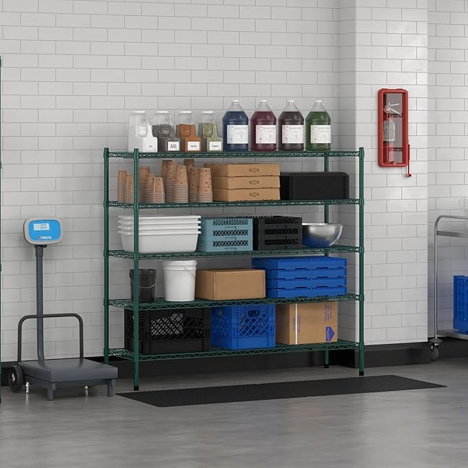 Commercial NSF Listed Green Epoxy Stationary Wire Shelving Kit 18" x 60" x 54", with 5 Shelves Perfect for Warehouse, Walk-in Refrigerator, Freezer, Grocery Store, Restaurant, Dishroom