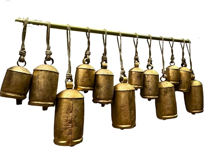 Cow Bells Giant Vintage Rustic Tin Metal Set of 12: Handmade XL Antique Brass Decor for Holidays, Swiss Souvenirs, Rustic Christmas Decor on Jute Rope