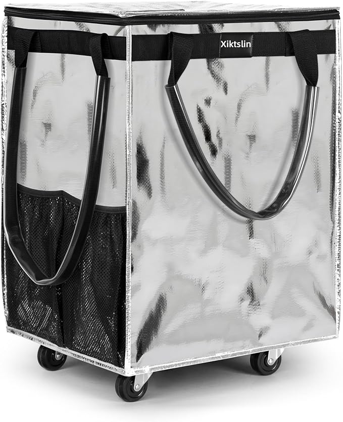 (Large,Silver) Reusable Grocery Bag on Wheels, Foldable Rolling Tote Carries Up to 76lb Shopping Trolley,Rolling Bag with Handles,Zipper Clouser Rolling Tote Bag with Wheels for Trips, Laundry