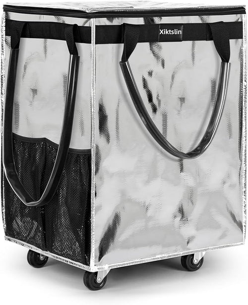 (Large,Silver) Reusable Grocery Bag on Wheels, Foldable Rolling Tote Carries Up to 76lb Shopping Trolley,Rolling Bag with Handles,Zipper Clouser Rolling Tote Bag with Wheels for Trips, Laundry