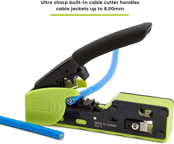 trueCABLE Crimp Tool for Pass Through RJ45 - All-in-One Ethernet Crimper, Cutter, Stripper - Works with Cat5e, Cat6, Cat6A Shielded and Unshielded Connectors