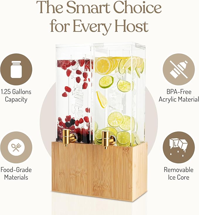 1.25 Gallon Dual Acrylic Beverage Dispenser with Bamboo Stand – Iced Drink Dispenser with Stainless Steel Spigot & Built-in Ice Core