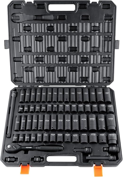 VEVOR 1/2" Drive Impact Socket Set, 65 Piece SAE 3/8" to 1-1/4" and Metric 10-24mm, 6 Point Cr-V Alloy Steel for Auto Repair, Easy-to-Read Size Markings, Rugged Construction, Storage Case