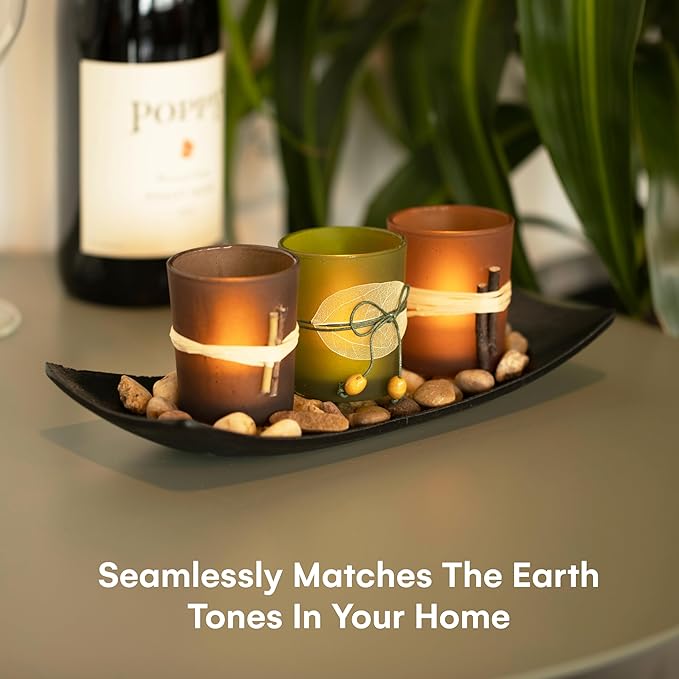 Dawhud Direct Decorative Votive Candle Holders, Vintage Decor Flameless Candlescape Set, 3 LED Tea Light Candles, Rocks and Tray - Fall Table Decor (Earth Tones)