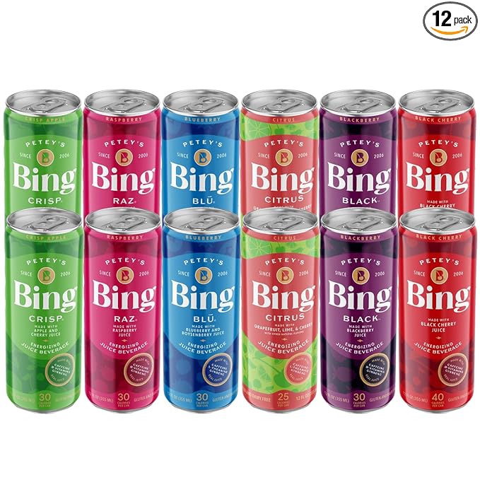 BING Energizing Juice Beverage – VARIETY All 6 Flavors (12oz/12pk) – Made with REAL Juice! Low Calorie; 5 B-Vitamins & Ginseng; 100-125mg Caffeine; Vegan, Gluten + Dairy Free. Incredibly DELICIOUS.