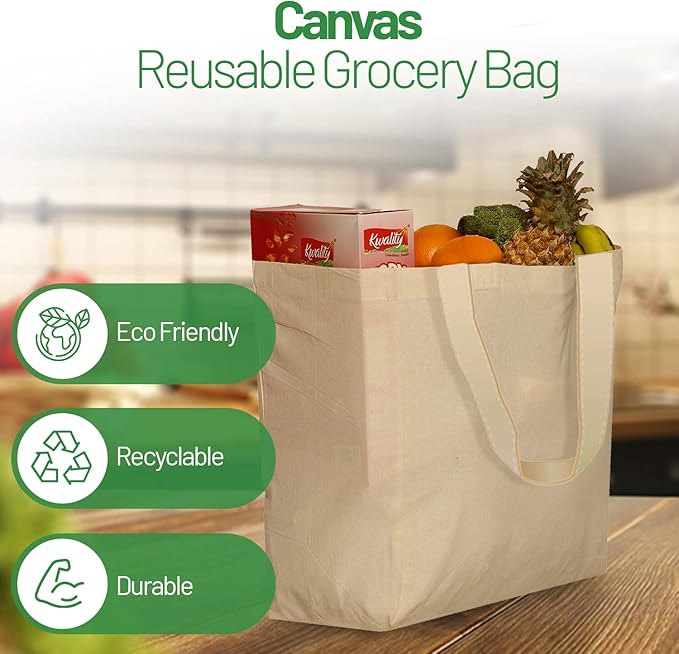 Greenmile 6 Pack Canvas Reusable Grocery Bags - Cotton Canvas Grocery Bag Cloth Shopping Tote With Long Handles Bulk - Heavy Duty Grocery Tote Bag - Large, Foldable and Lightweight - Capacity 40 lbs