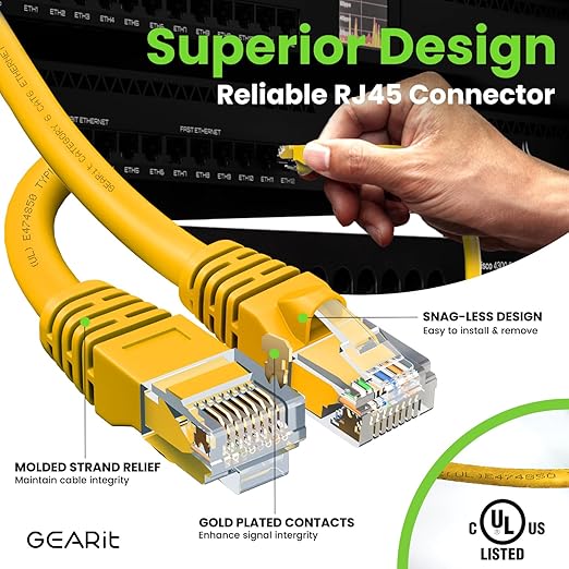GearIT Cat 6 Ethernet Cable (24-Pack 2 Feet) Cat6 Network Patch, 10Gbps, RJ45, Snagless Cord, Gold-Plated Connectors, Internet for PC, TV, Tablet, Router, Printer, Servers, IT Data Center - Yellow