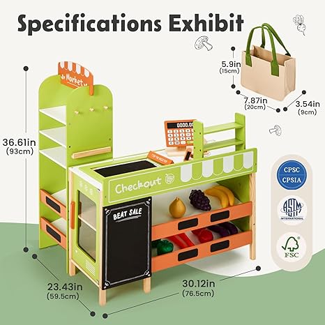 labebe Pretend Grocery Store Playset for Kids,Wooden Supermarket Toy Set with Cash Register,Play Food Accessories Store Set Suit Gift for Toddler Boys Girls