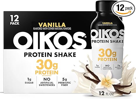 Oikos Protein Shake, Vanilla, 30g High Protein Drinks, Shelf Stable, Ready to Drink, 5g Prebiotic Fiber, 12 fl oz Bottle, 12 Count