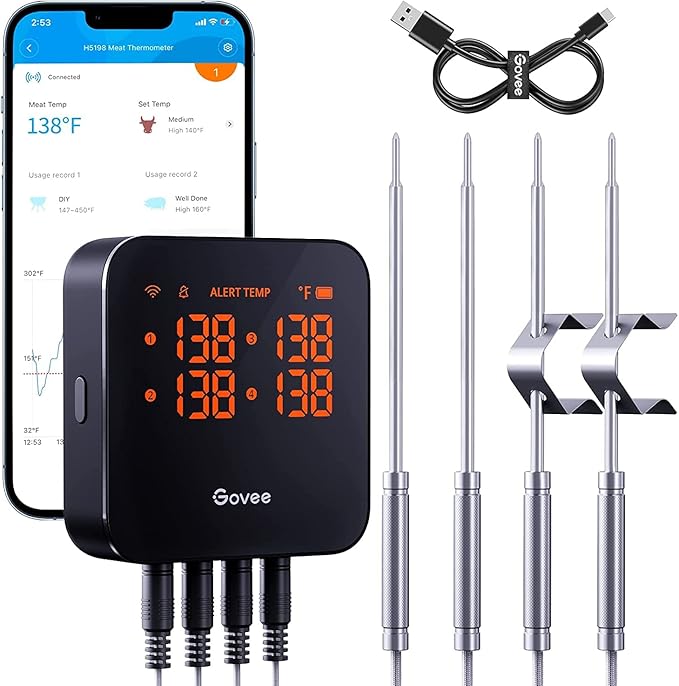 Govee Wireless Meat Thermometer with 4 Probe, Smart WiFi Meat Thermometer with Unlimited Range App Notification Alert, Digital Rechargeable Bluetooth Food Thermometer for Smoker BBQ Grill Oven Kitchen