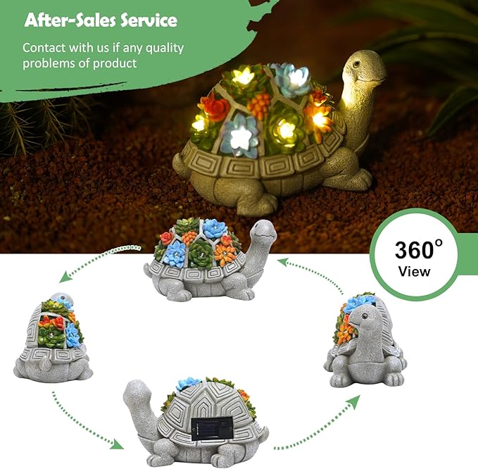 Nacome Garden Outdoor Statues Turtle with Succulent and 7 LED Lights - Lawn Decor Tortoise Statue for Patio, Balcony, Yard Ornament - Unique Housewarming Gifts