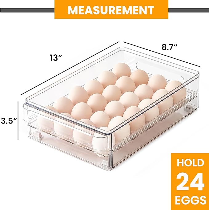 vacane 24 Egg Drawer for Fridge, Pull Out Egg Storage Container with Non-Slip Pads Refrigerator Organizer Bins Clear Egg Holder, Egg Tray-Bpa Free Egg Organizer