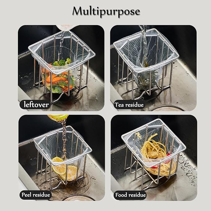Kitchen Sink Strainer with Sink Basket Holder and 200 Strainer Net Bags,Food Catcher with Drain Filter Mesh Bag,Meshmate Waste Rack Trash Catcher for Leftovers.
