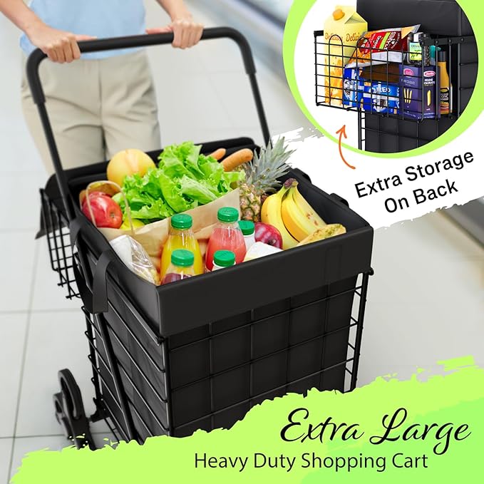 Stairs Climbing Shopping Cart w/Waterproof Basket Liner & 360° Swivel Wheels | Foldable Collapsible & Lightweight | Perfect for Groceries Laundry Utility Cart - Black