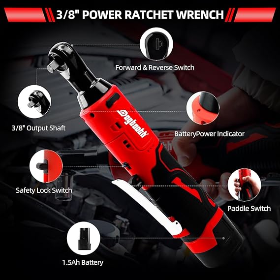 dogtooth Cordless Electric Ratchet Wrench Set, Brushless,Variable Speed Trigger,3/8" 16.8V Power Ratchet Tool Kit With 2 Packs 1500 mAh Batteries and Charger
