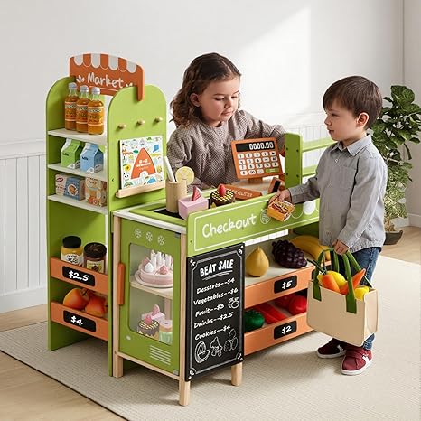 labebe Pretend Grocery Store Playset for Kids,Wooden Supermarket Toy Set with Cash Register,Play Food Accessories Store Set Suit Gift for Toddler Boys Girls