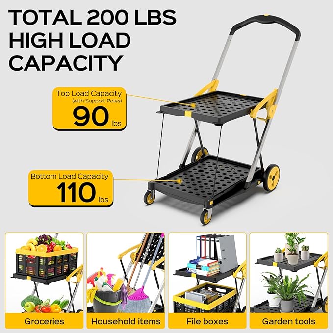 Collapsible Shopping Cart with Wheels, 200 lbs Capacity Grocery Cart on Wheels with Storage Crate, Platform Hand Truck with Foot Brake, Yellow