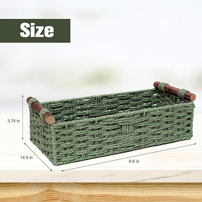 Round Paper Rope Storage Basket Wicker Baskets for Organizing with Handle Decorative Storage Bins for Countertop Toilet Paper Basket for Toilet Tank Top Small Baskets , Green