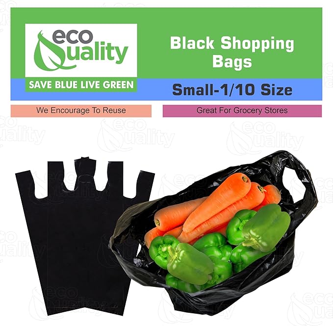 EcoQuality Plastic Black T-Shirt Bags 6000ct, 1/10 Shopping Bags, Grocery Bags, Poly Bags, Multi-Use, Small Size, Reusable Carry Out Bags (8x4x16 in.) (13 Micron)