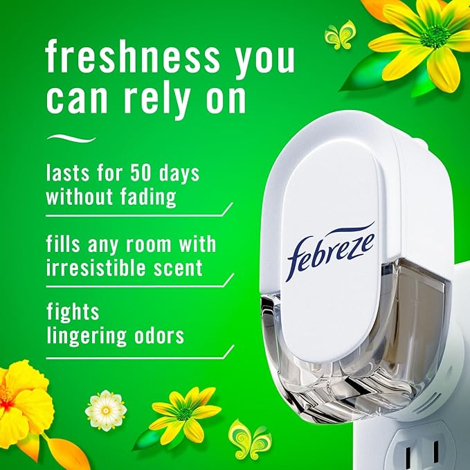 Febreze Plug In Air Freshener, Odor-Fighting Scented Oil Starter Kit, Air Fresheners for Home and Bathroom and Kitchen, Long Lasting for Strong Odors, Gain Original Scent, Warmer + 2 Refill