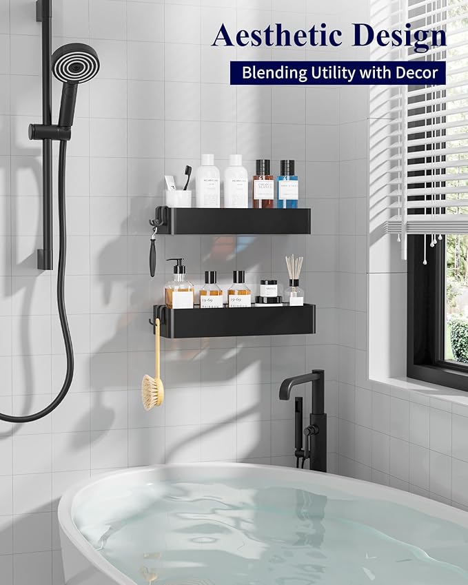 Kitsure X-Large Shower Caddy - 2 Pack Adhesive Shower Organizer, Rustproof Metal Shelves, No-Drill Bathroom Organizers and Storage, Black