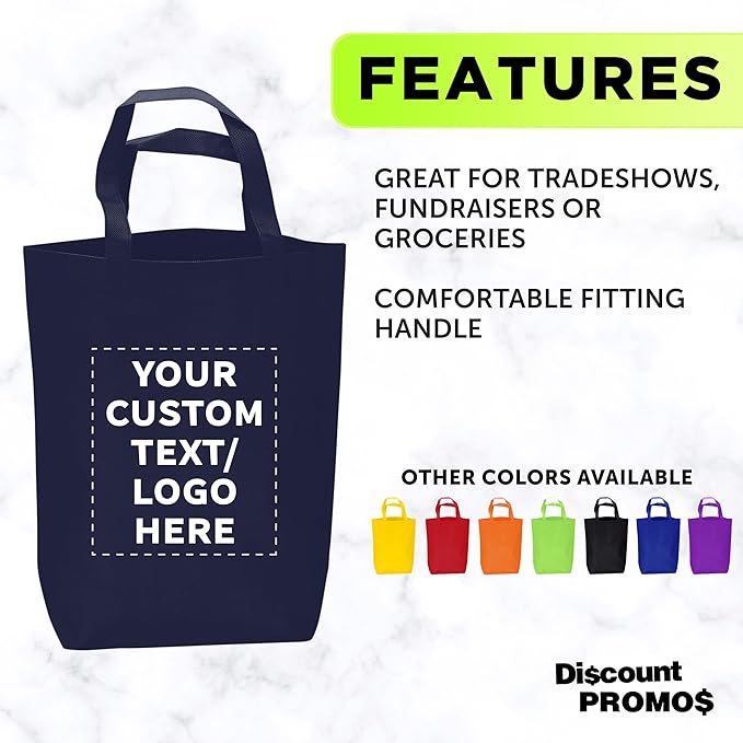 DISCOUNT PROMOS Large Reusable Heavy Duty Tote Bag Set of 10/50/100, Personalized Bulk Pack