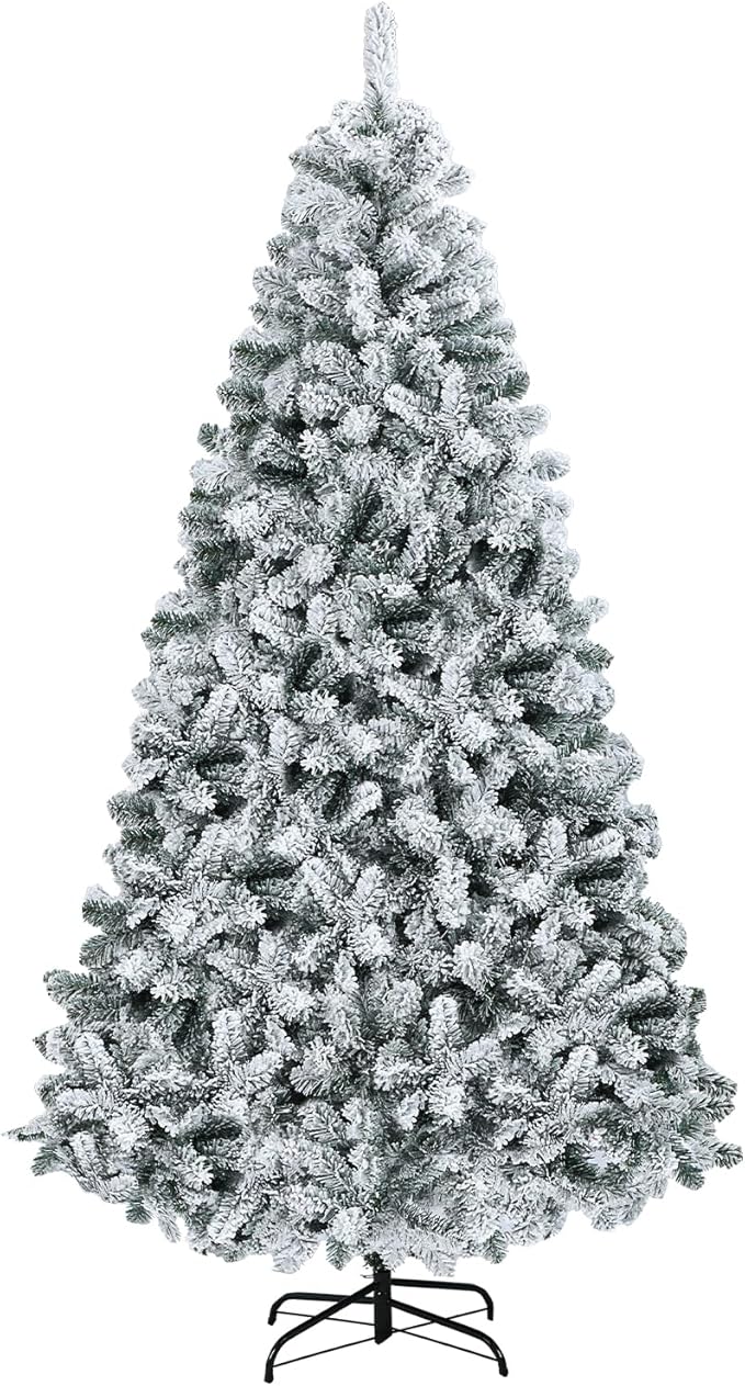6ft Snow Flocked Artificial Christmas Tree with 760 Tips, Foldable Base, Hinged Branches, Flame-Resistant PVC for Home, Party Decoration