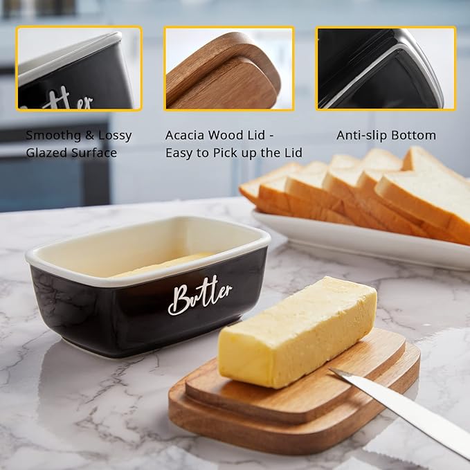 Black Butter Dish, ALELION Large Ceramic Butter Dish with Lid for Countertop, Butter Keeper Container with Acacia Wooden Lid, Kitchen Decor and Accessories for Counter