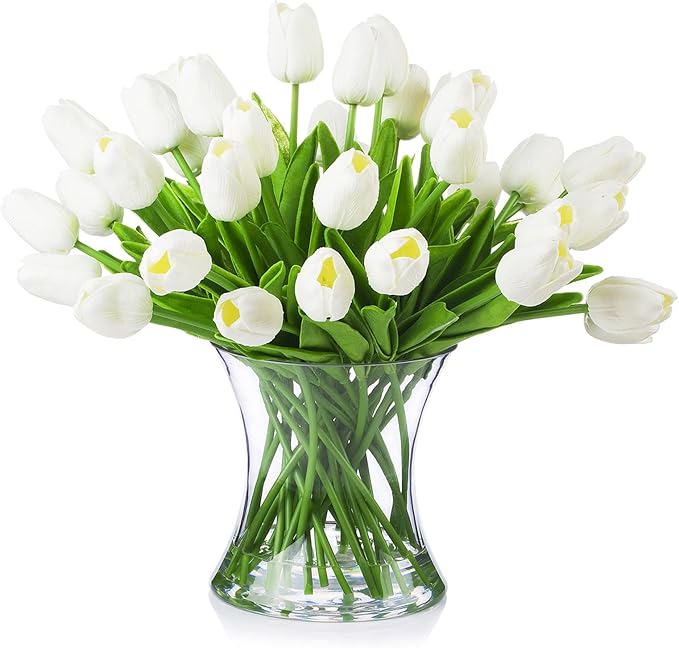 ENOVA FLORAL 40 Heads White Artificial Tulips With Vase, Real Touch Fake Flowers, Floral Arrangement for Dining Table, Home Decoration, Wedding Centerpieces