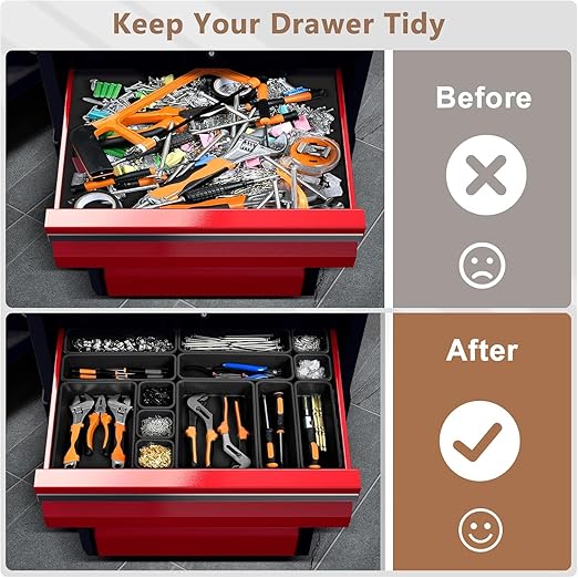 【Fits 100+ Tools】A-LUGEI【100-Piece 6-Size】 Tool Organizer Tray Set - Black Plastic Drawer Dividers for Garage Cabinets, Rolling Tool Chests, Workbenches & Office Storage.