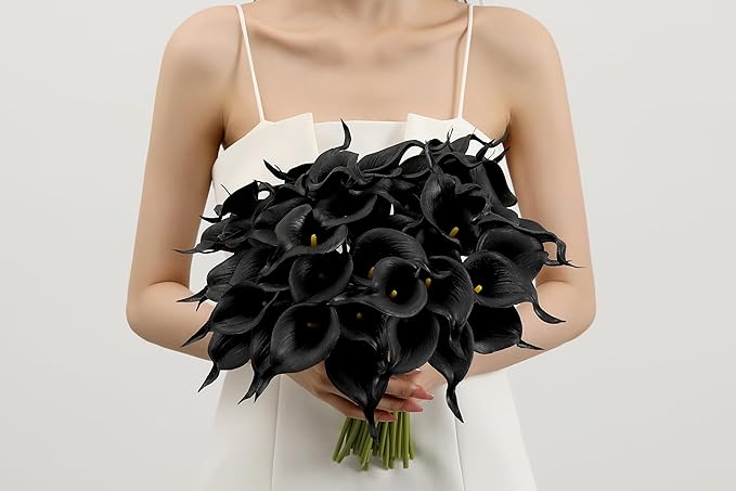 SITUMEIZI 24 PCS Black Fake Flowers Artificial Calla Lily Silk Flowers Real Touch for Mother's Day Easter Home Kitchen Decor Wedding Bouquet Office Spring Decoration