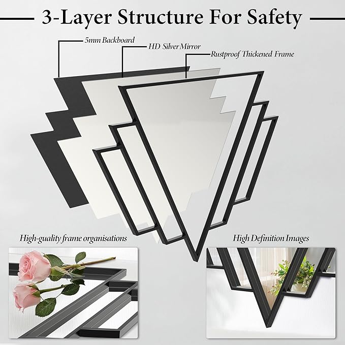 Black Triangle Decor Mirror,24x32Inch Farmhouse Wall Mirror,Modern Wall Mounted Mirrors,Metal Framed Vintage Ornate Art Mirror for Living Room Bedroom Fireplace Hallway