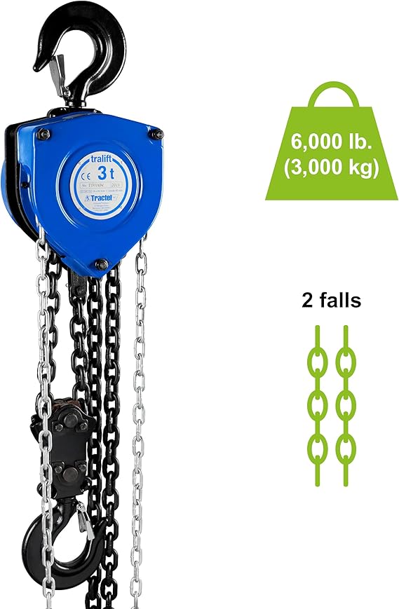 Tractel Tralift 3 Ton Manual Chain Hoist | 6000 lbs Capacity | 10 ft Steel Chain | Industrial-Grade Steel for Construction, Workshops, Garages | Model 19749