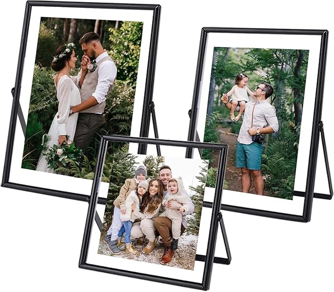 Glass Picture Frame Set of 3, Black Simple Metal Geometric Photo Frame with Glass Cover Includes 5x7, 4x6, 4x4 - Tabletop Floating Picture Frames for Home Decoration, Gift for Father's Day