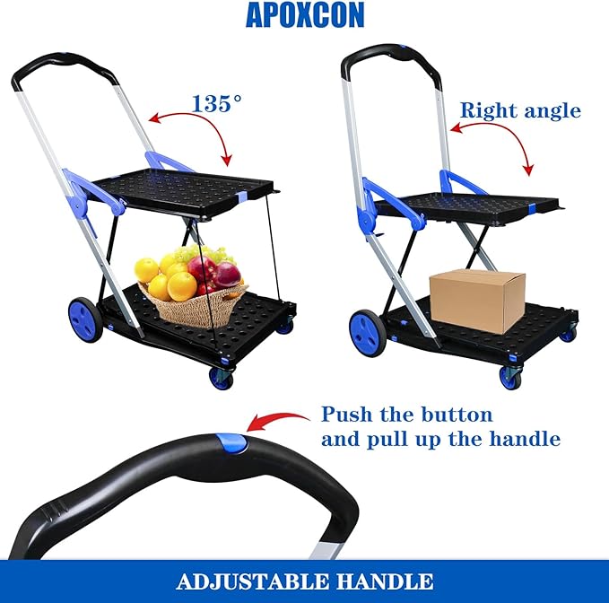 Shopping Cart with 2 Storage Crates, Multi Use Two Tier Collapsible Cart with 360° Rolling Swivel Wheels Heavy Duty Folding Trolley for Shopping, Picnic and Office