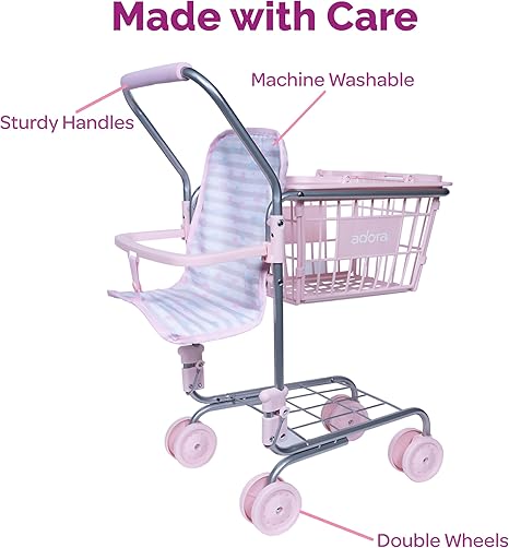 Adora 2 in 1 Mini Shopping Cart with Baby Doll Seat Carrier, Pretend Play Toy Accessories for Dolls up to 16 Inch, Includes Removable Hand Basket and Bottom Rack Storage - Classic Pastel Pink