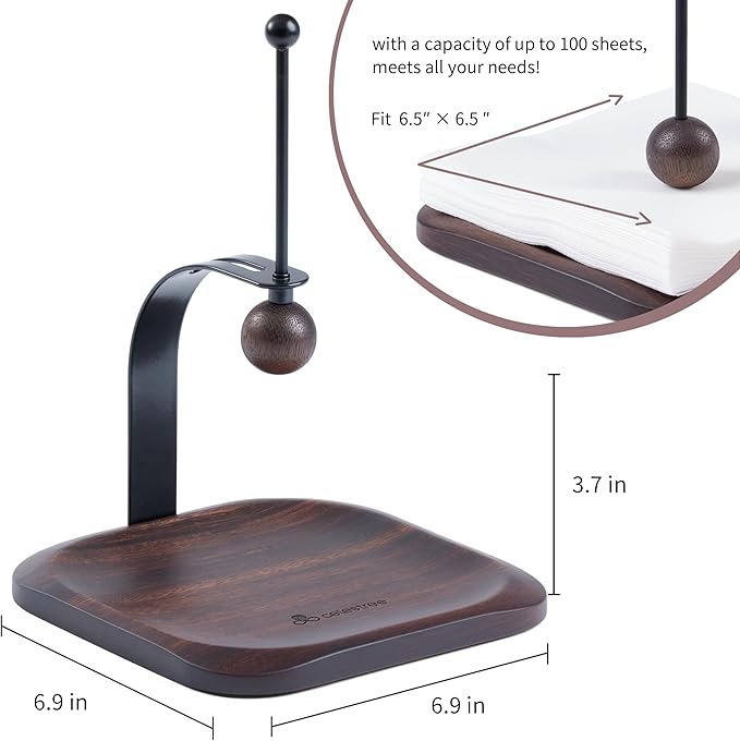 Napkin Holder - Windproof Design with Gravity Ball, Multifunctional Tissue Tower & Serving Tray for Outdoor/Indoor, Fits 6.5"-7" Napkins & Toilet Paper Rolls Warm Gift Idea (Rain Tree Wood)