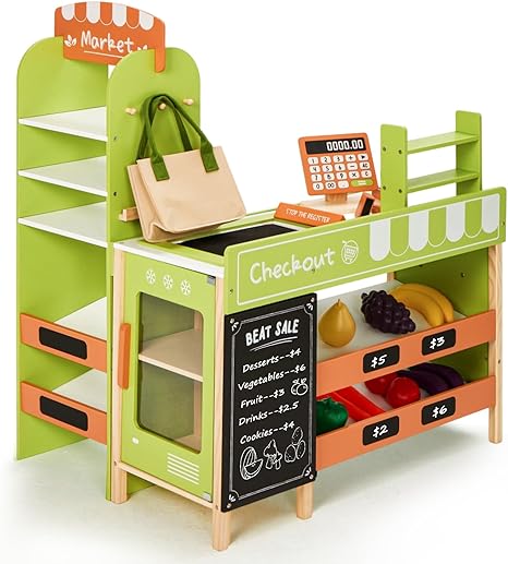 labebe Pretend Grocery Store Playset for Kids,Wooden Supermarket Toy Set with Cash Register,Play Food Accessories Store Set Suit Gift for Toddler Boys Girls