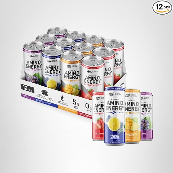 Optimum Nutrition Amino Energy Sparkling Hydration Drink, Electrolytes, Caffeine, Amino Acids, BCAAs, Sugar Free, 12 Fl Oz, Variety Pack of 12 (Packaging May Vary)