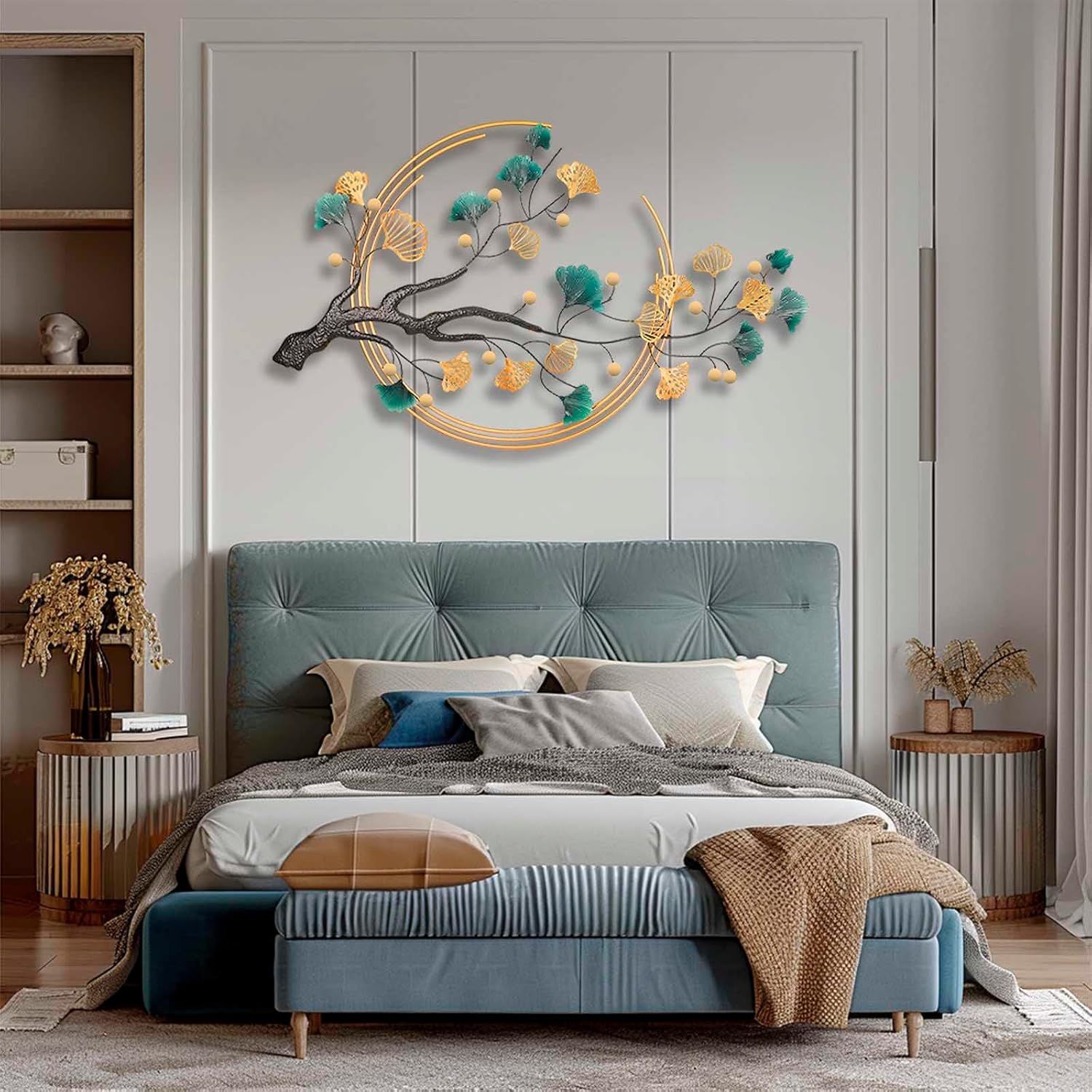 QXSXKJ 3D Metal Wall Art Decor for Living Room Large Modern Wall Sculptures Gold, 59'' Metal Wall-mounted Home Decoration, Creative Ginkgo Décor for Living Room Dining Room Bedroom (ginkgo leaf)