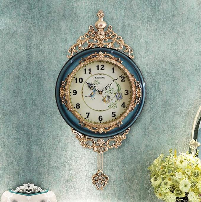 SHISEDECO Elegant, Traditional, Decorative, Hand Painted Modern Grandfather Wall Clock Fancy Ethnic Luxury Handmade Decoration, Swinging Pendulum for New Room or Office. Large. 29.5 Inch. (Blue)