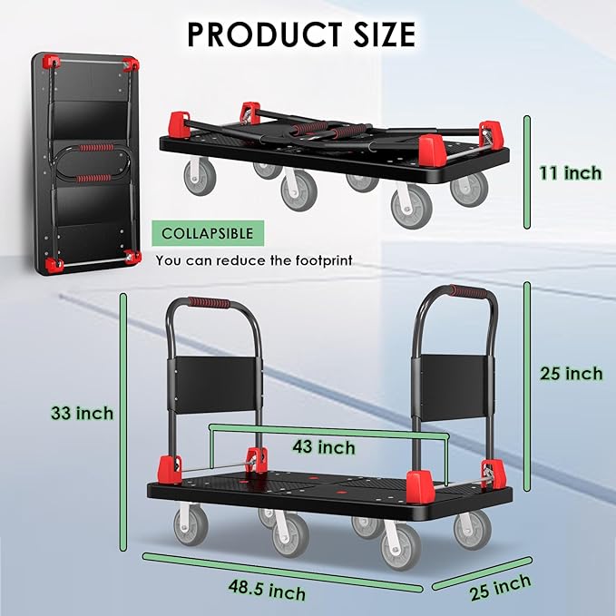 Heavy-Duty Platform Truck Cart with 2 Handrails and 6 of 6" Wheels 2200lbs Capacity Foldable Push Cart Dolly Large Flatbed Hand Cart Moving Dolly Cart for Groceries,Garage,Warehouse (50" Lx27 W)